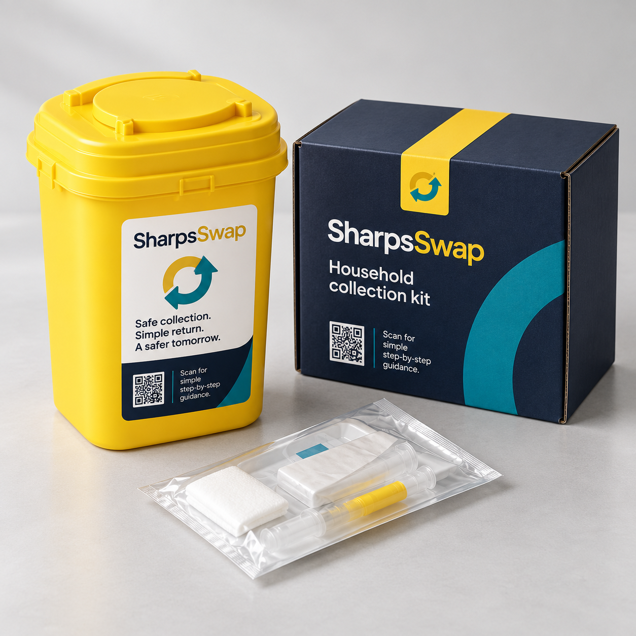 Illustrative SharpsSwap household collection kit: a yellow sharps container with a SharpsSwap label, a navy SharpsSwap delivery box and a sealed supply pouch